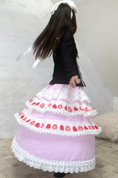 Strawberry Print Lace Tiered Skirt