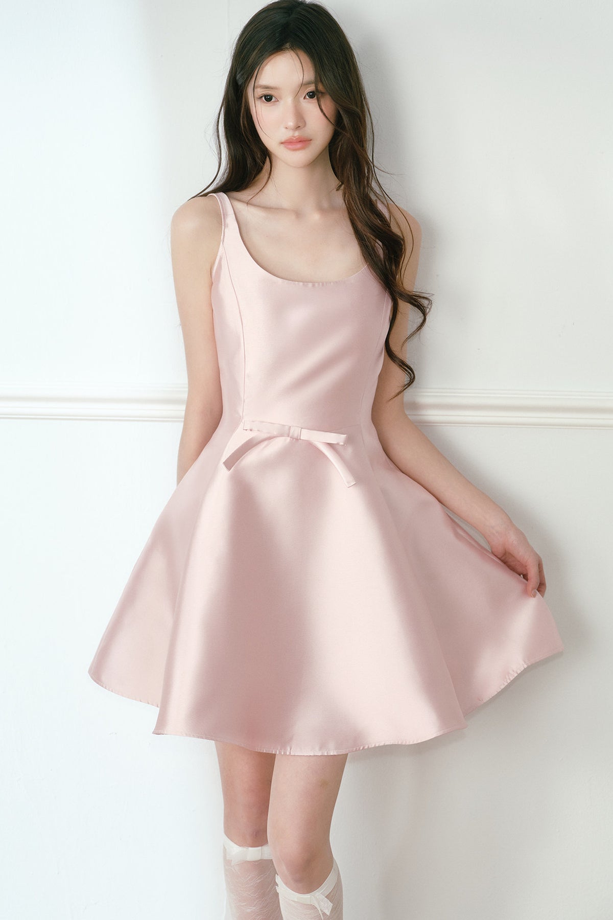 Glossy Satin U-Neck A-Line Dress