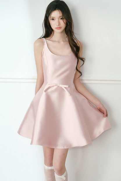 Glossy Satin U-Neck A-Line Dress