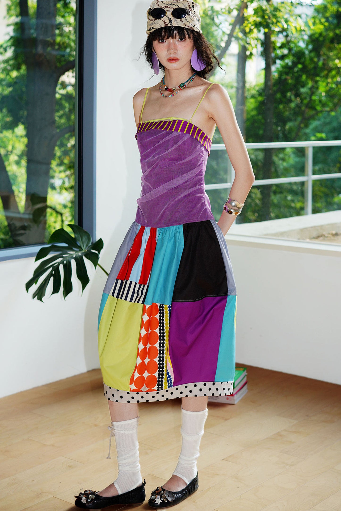Patchwork Pleated Balloon Dress
