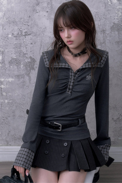 Gray Large Lapel Ruched Patchwork Top