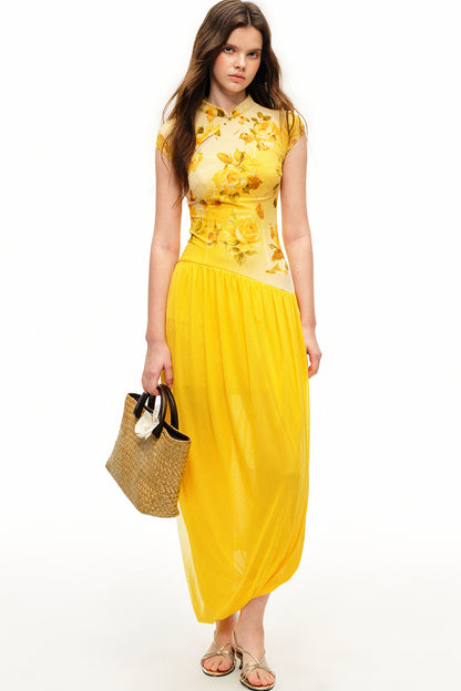 Yellow Rose Print Mesh Qipao Long Dress
