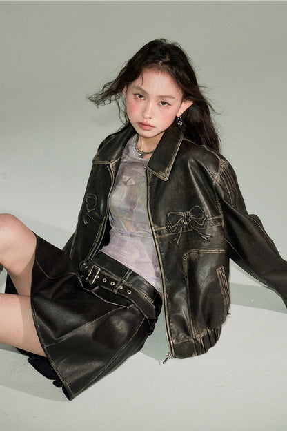 Distressed Bow Leather Jacket