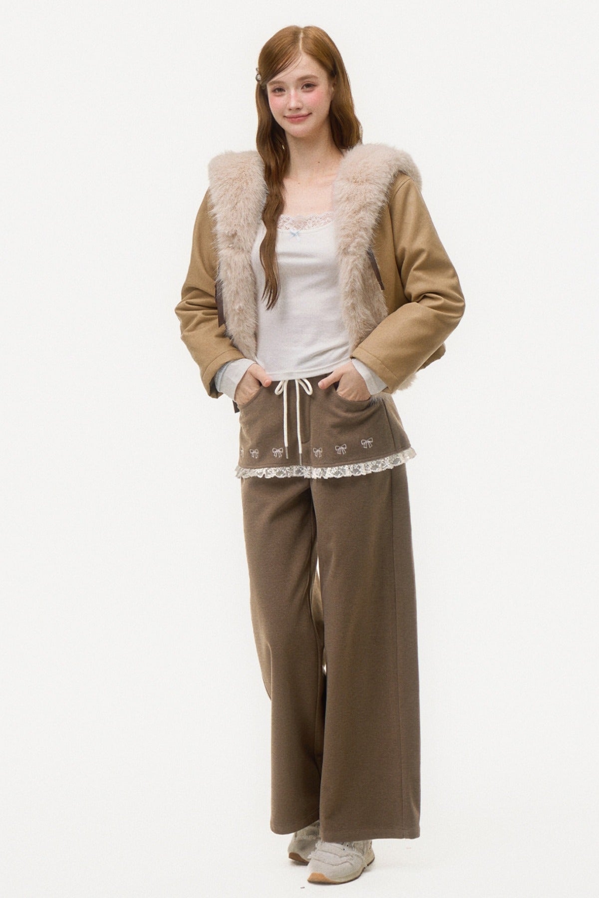 Bow Embroidered Layered-Look Pants