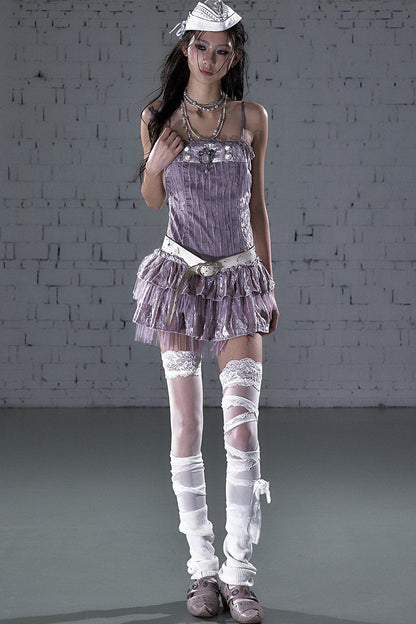 Abito camisole a balze in mesh di velluto