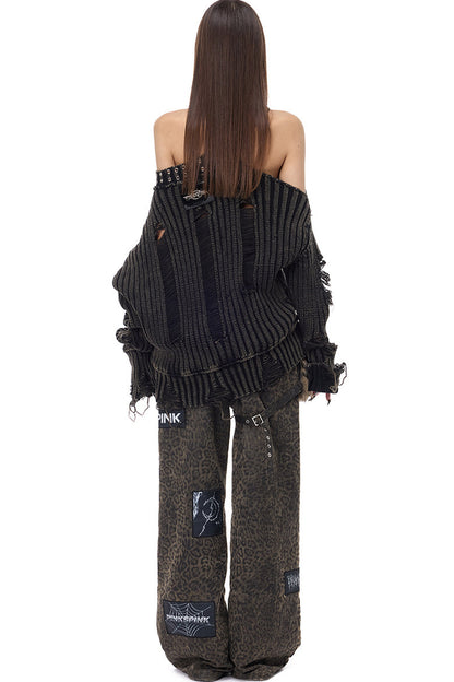 Black Metal Rivet Distressed Sweater