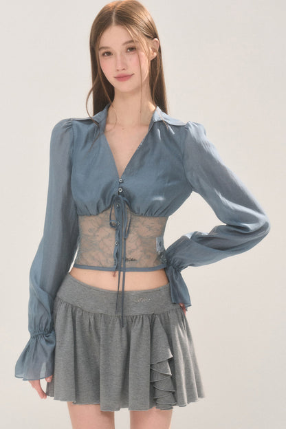 Short Lace Panel V-Neck Shirt