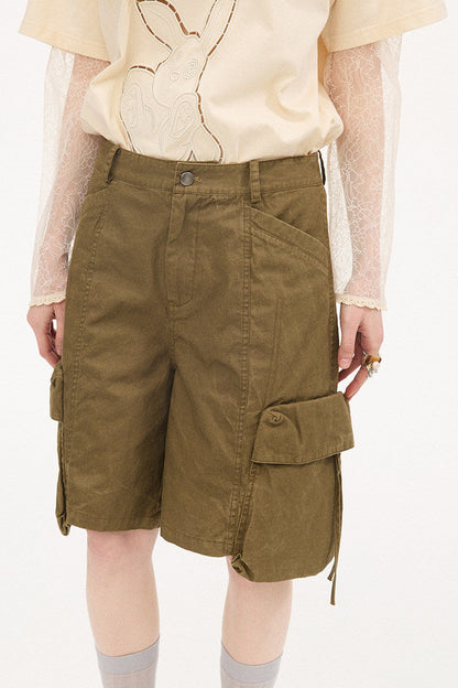 Khaki Washed Multi-Pocket Shorts