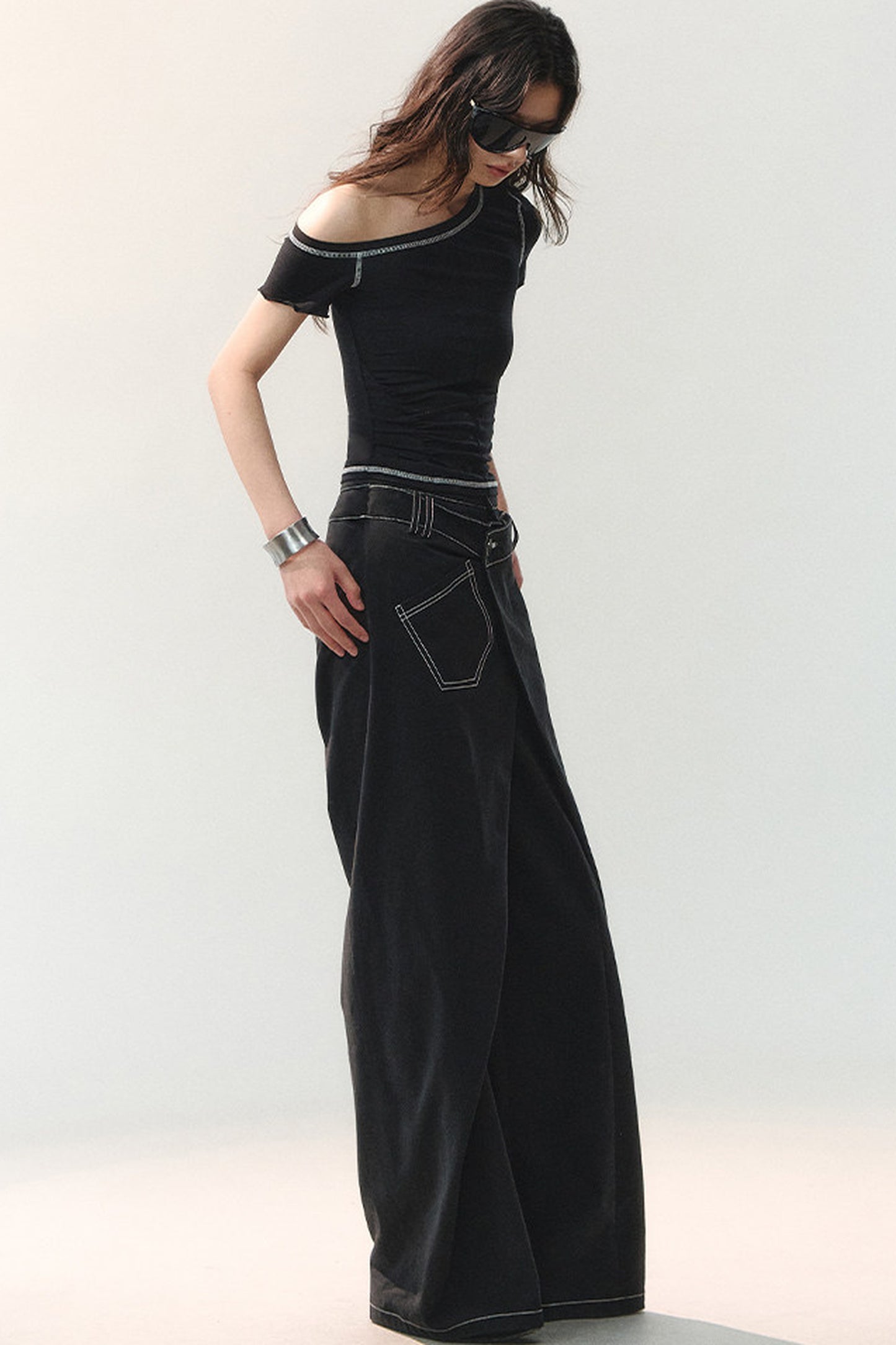 Asymmetrical Shoulder Short-Sleeve Top