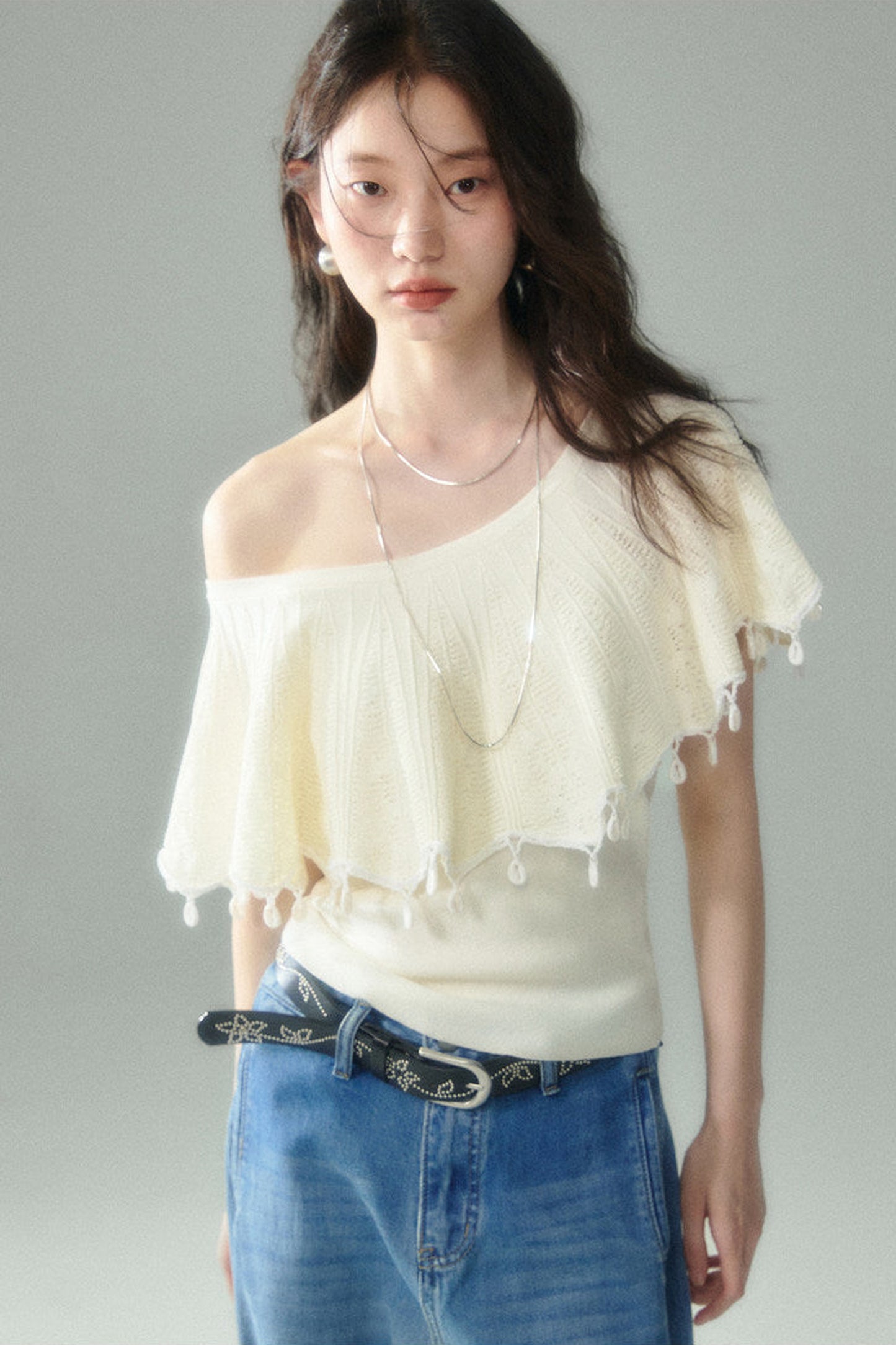 Off-Shoulder Ruffled Knit Top