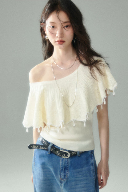Off-Shoulder Ruffled Knit Top