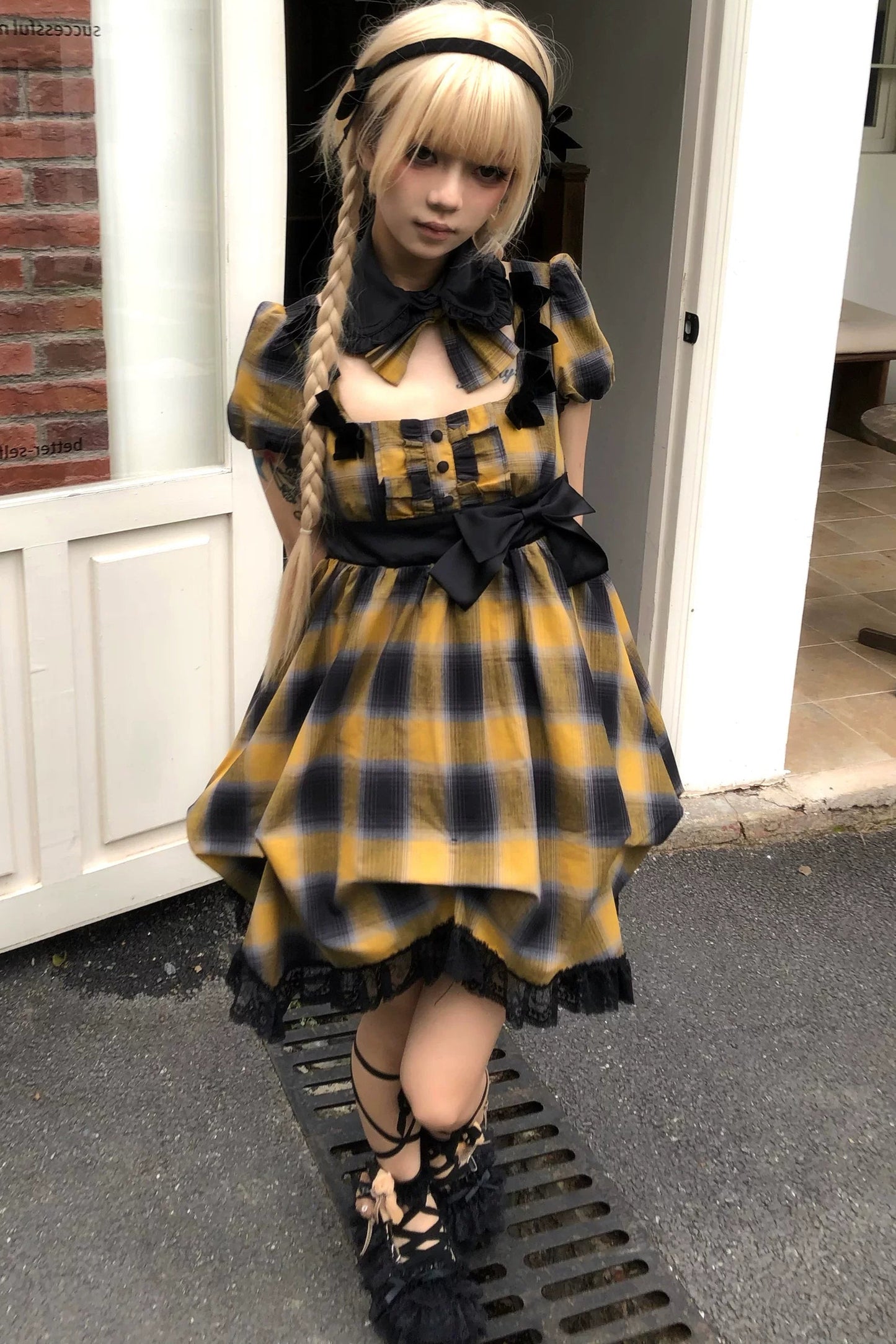 Yellow Plaid Puff Sleeve Dress Set-Up