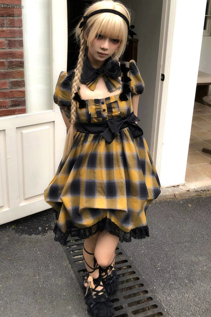 Yellow Plaid Puff Sleeve Dress Set-Up