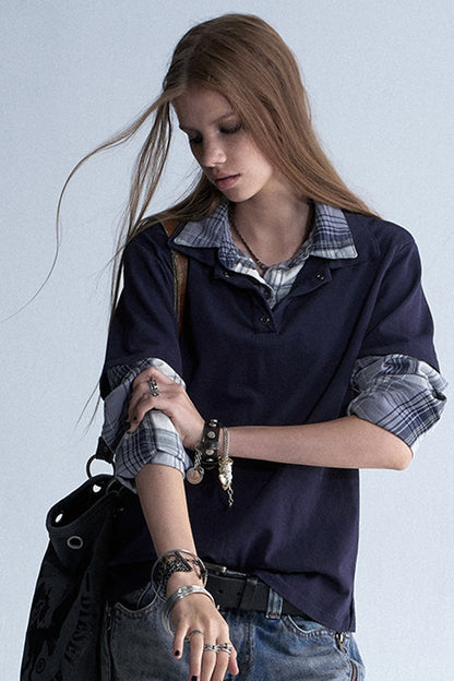 Retro Plaid Layered Washed T-Shirt