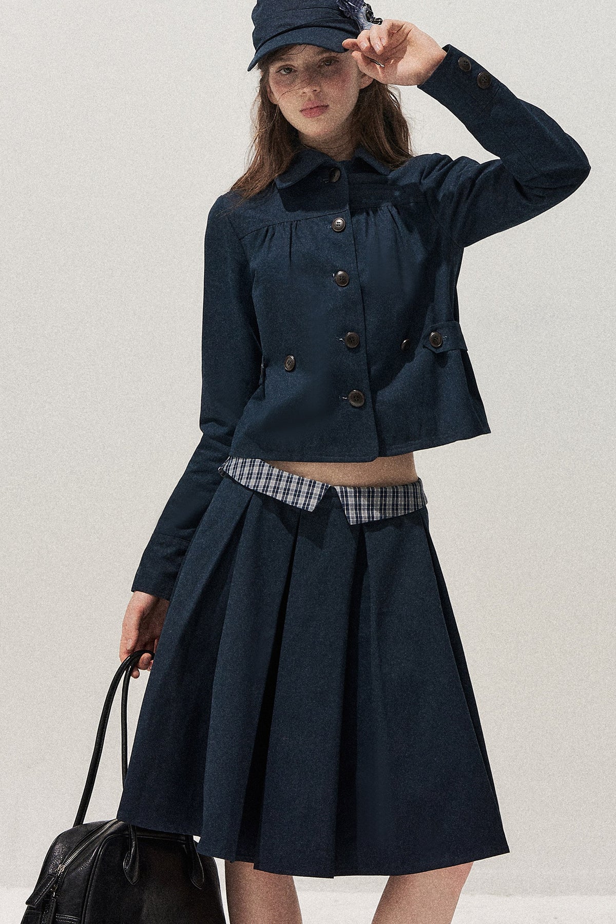 Navy Denim Jacket and Pleated Skirt Set-Up