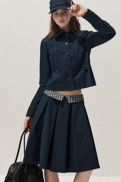 Navy Denim Jacket and Pleated Skirt Set-Up
