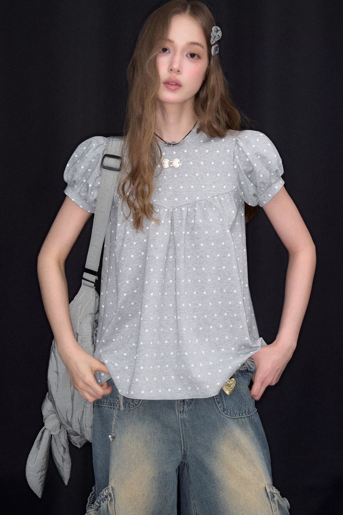 Dream Gray Polka Dot Blouse