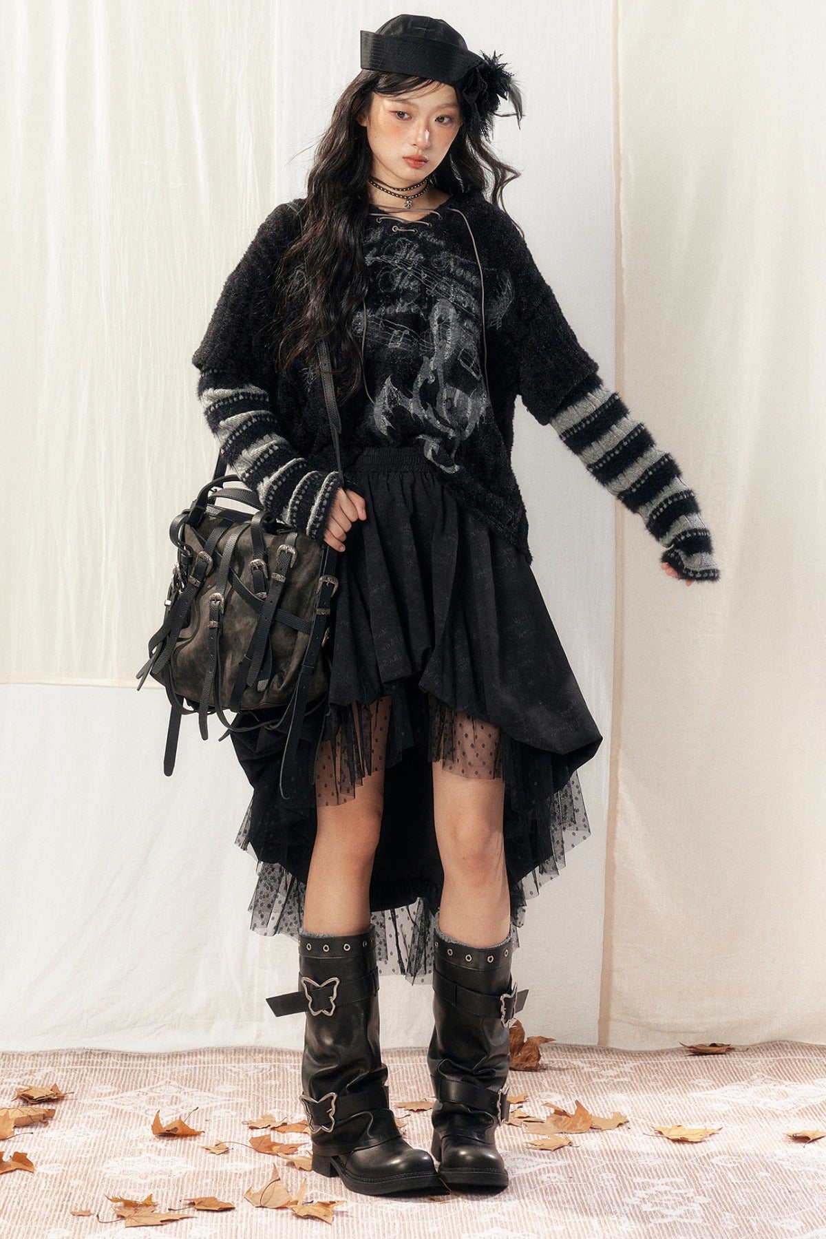 Black Asymmetrical Lace Splicing Polka Dot Skirt