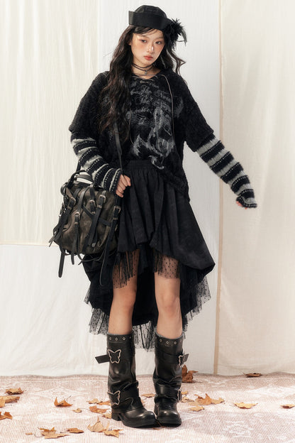 Black Asymmetrical Lace Splicing Polka Dot Skirt
