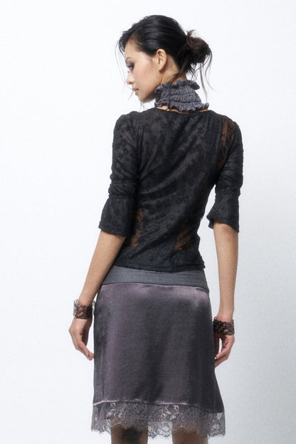 Multi-Layered Rivet Patchwork Satin Skirt