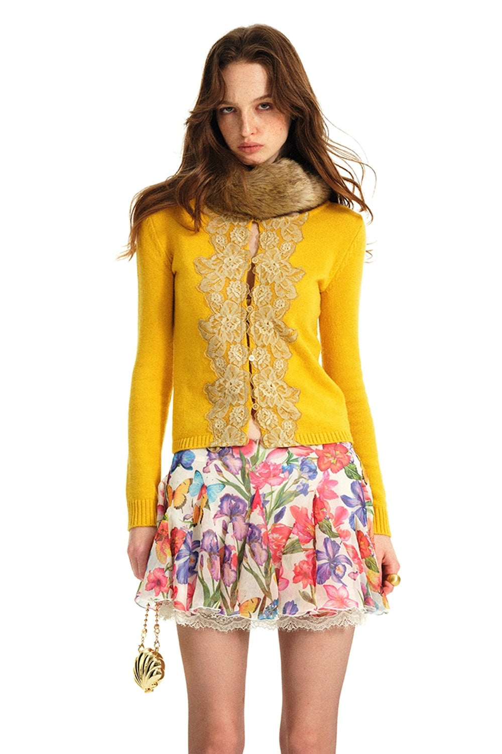 Lace Trim Wool Knit Cardigan and Chiffon Skirt