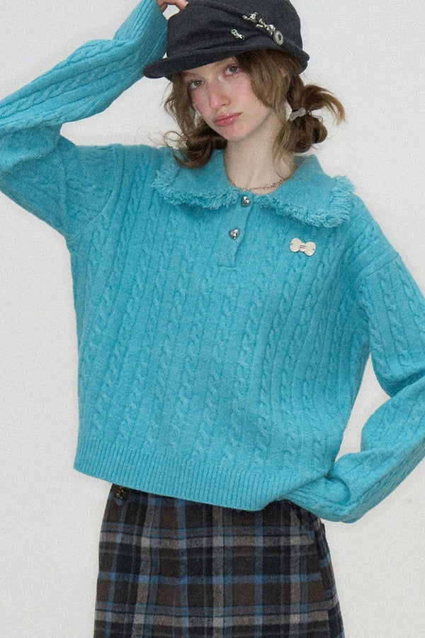 Blue Green Velvet Floral Twist Texture Tassel Sweater