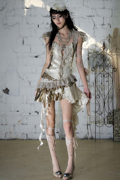 Baroque Gold Satin Ruffle Dress