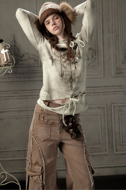 Letter Print Layered-Look Off-Shoulder Long-Sleeve T-shirt