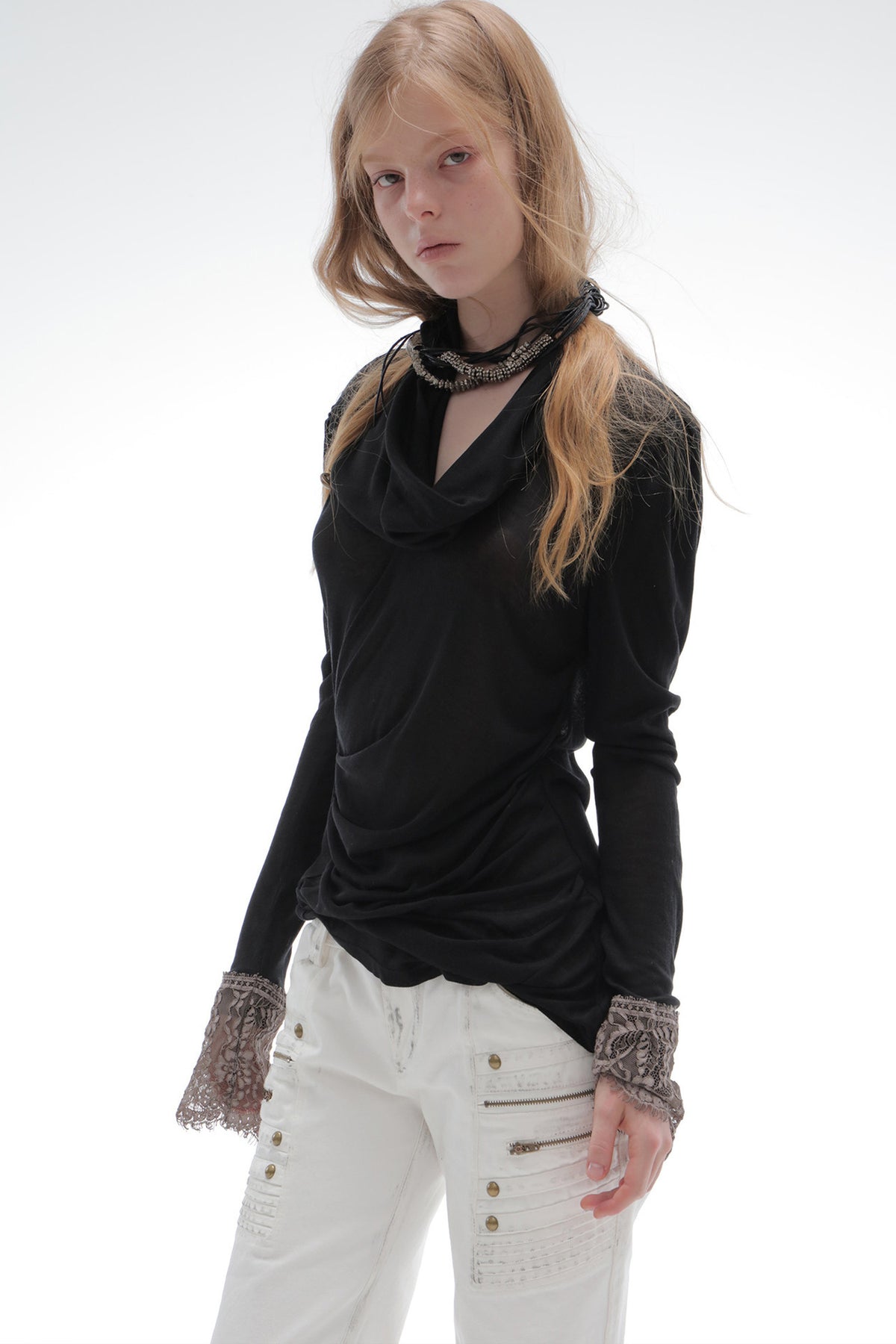 Pleated Cowl Neck Lace Trim Top