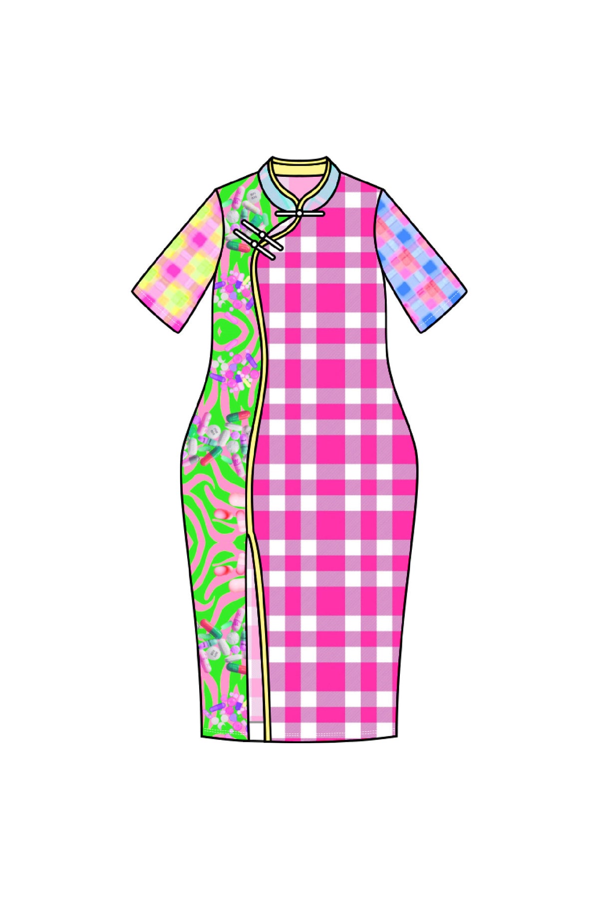 Y2K Patchwork Checkered Cheongsam Dress