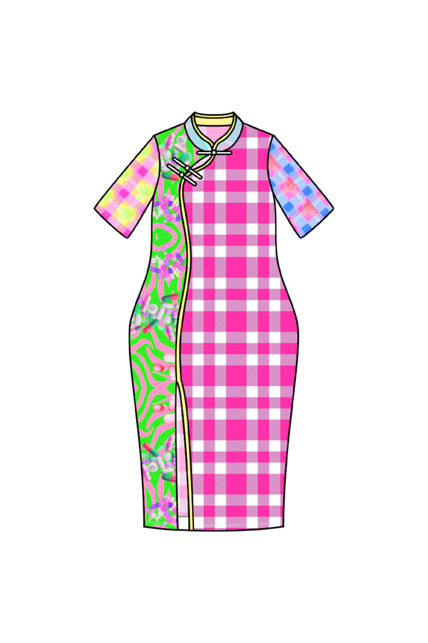 Y2K Patchwork Checkered Cheongsam Dress