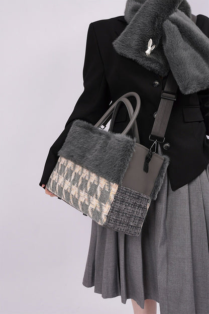 Furry Color-Block Tote Bag