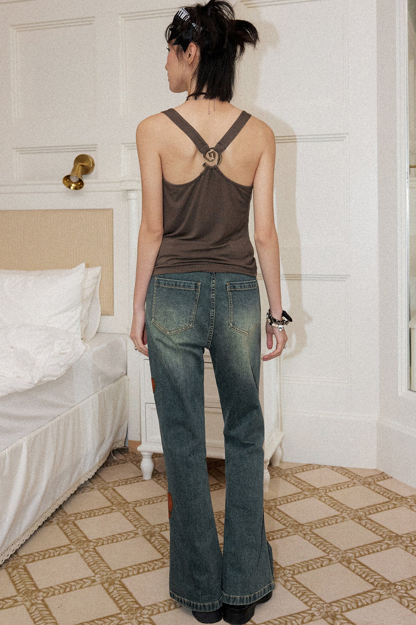 Ginkgo Leaf Embroidered Denim Pants