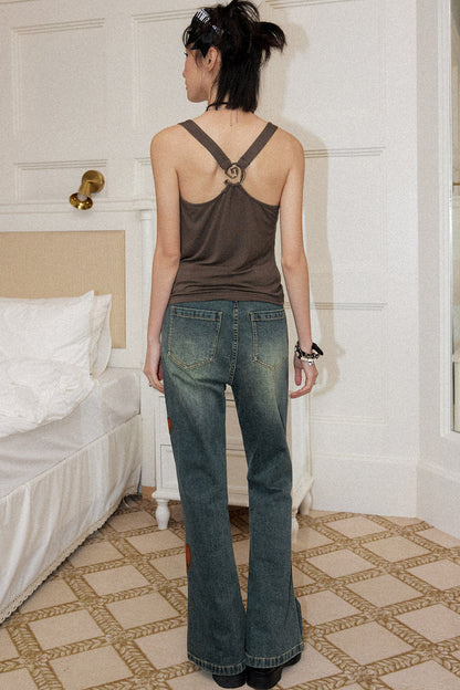 Ginkgo Leaf Embroidered Denim Pants