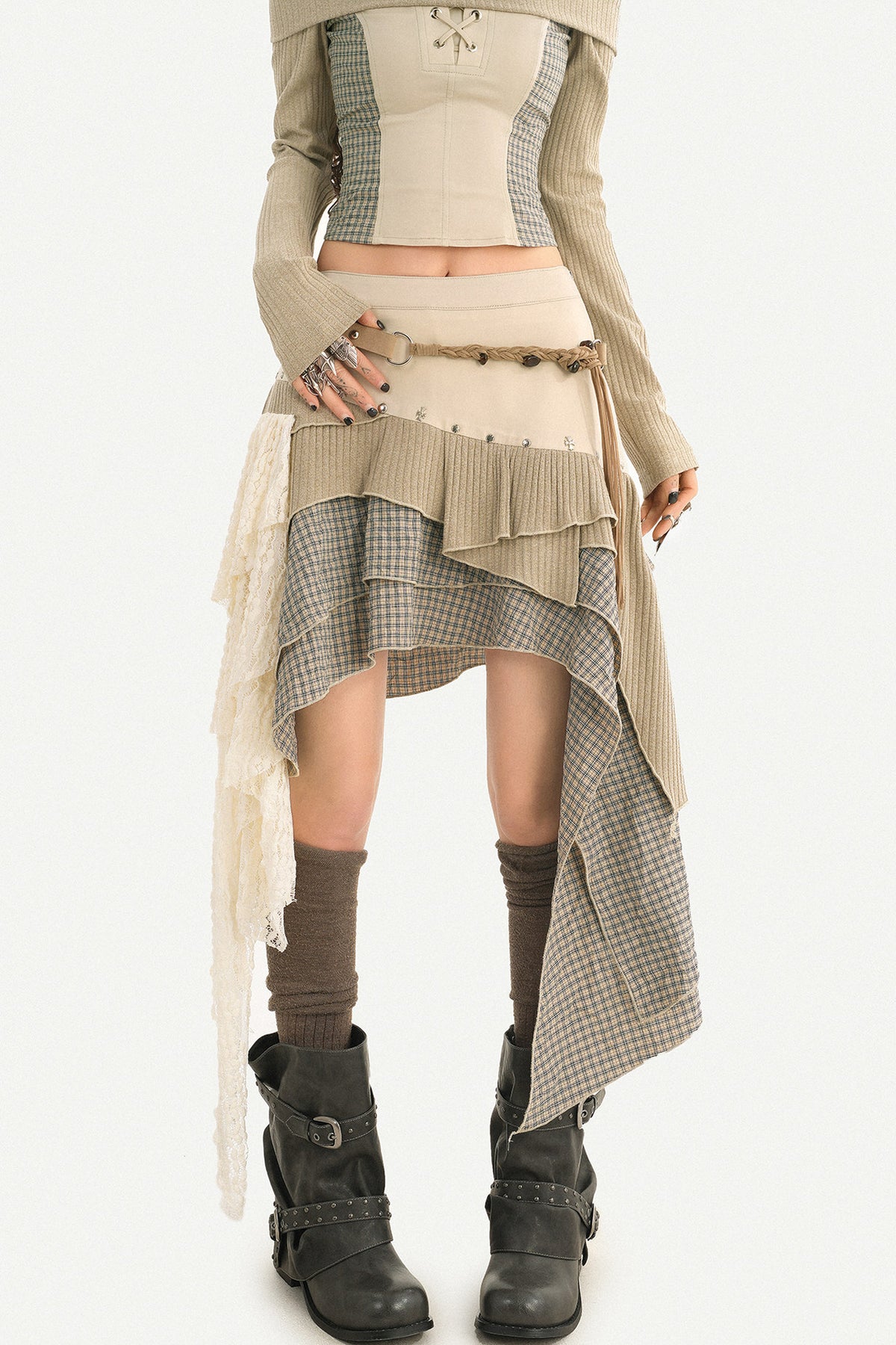 Layered Patchwork Asymmetrical Skirt