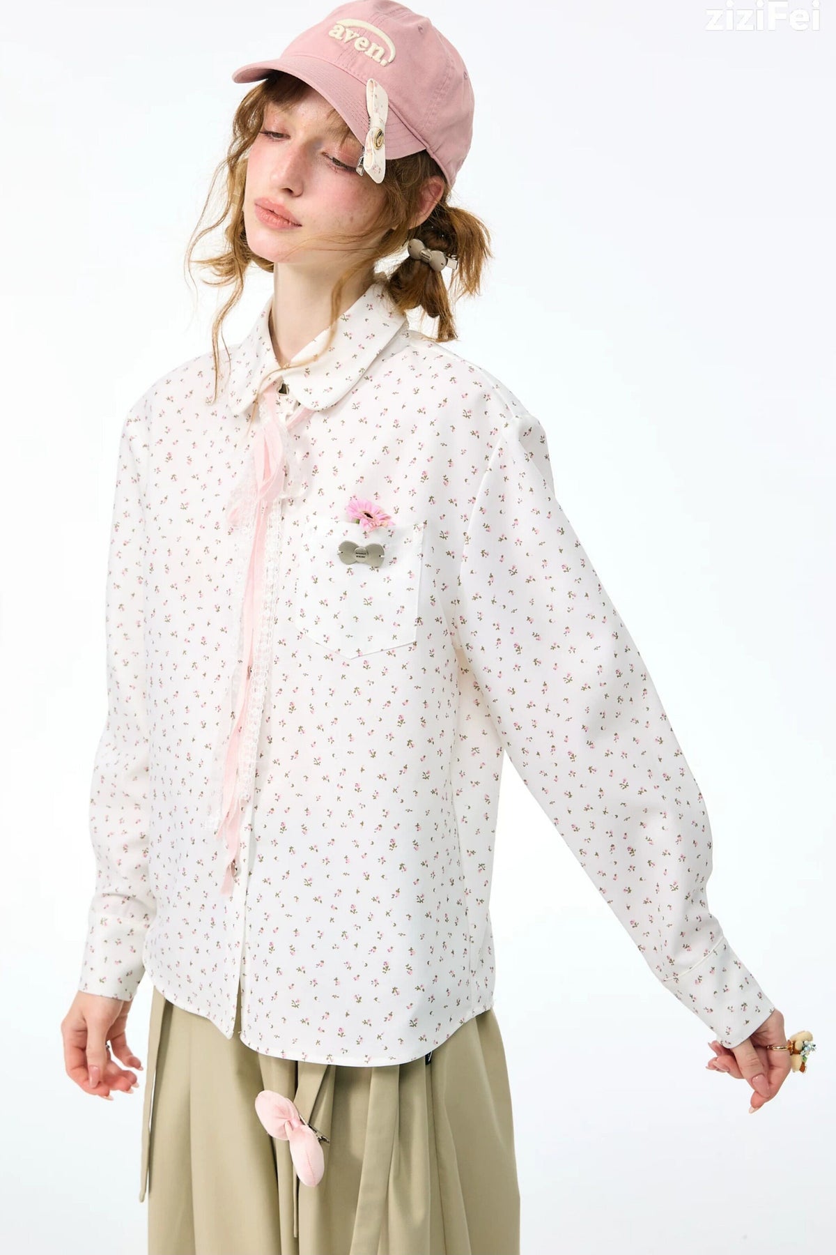Lace-Up Doll Collar Floral Shirt