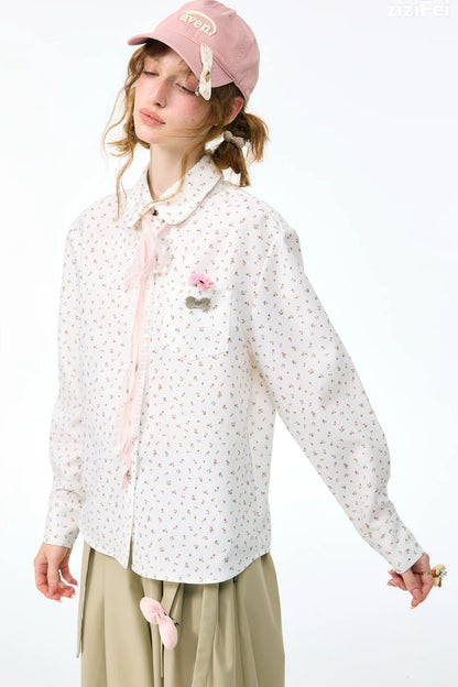 Lace-Up Doll Collar Floral Shirt