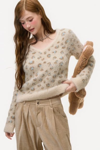 Leopard Print V-Neck Knit Sweater