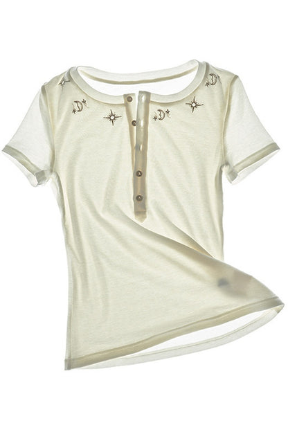 T-shirt in lyocell con mezza abbottonatura e uccello ricamato