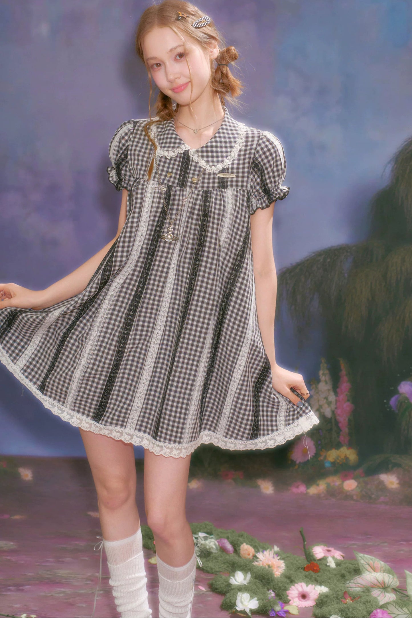 Retro Plaid Lace Puff Sleeve Dress