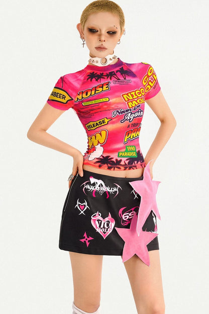 Cartoon Print Leather Skirt