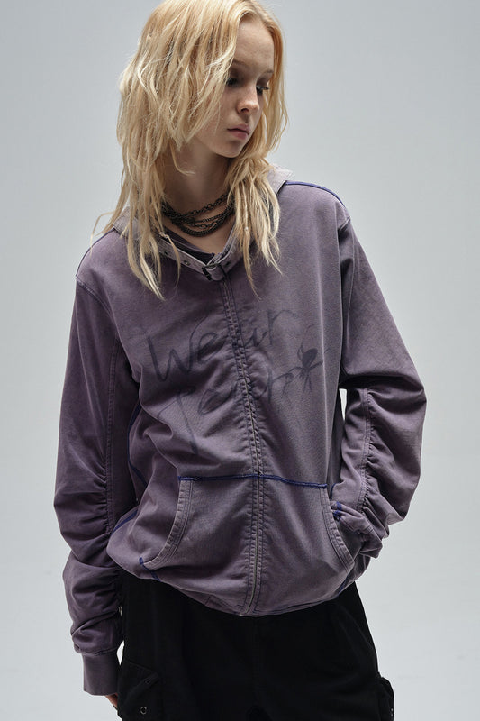 Sand-Washed Topstitched Ruched Hooded Strap Cardigan