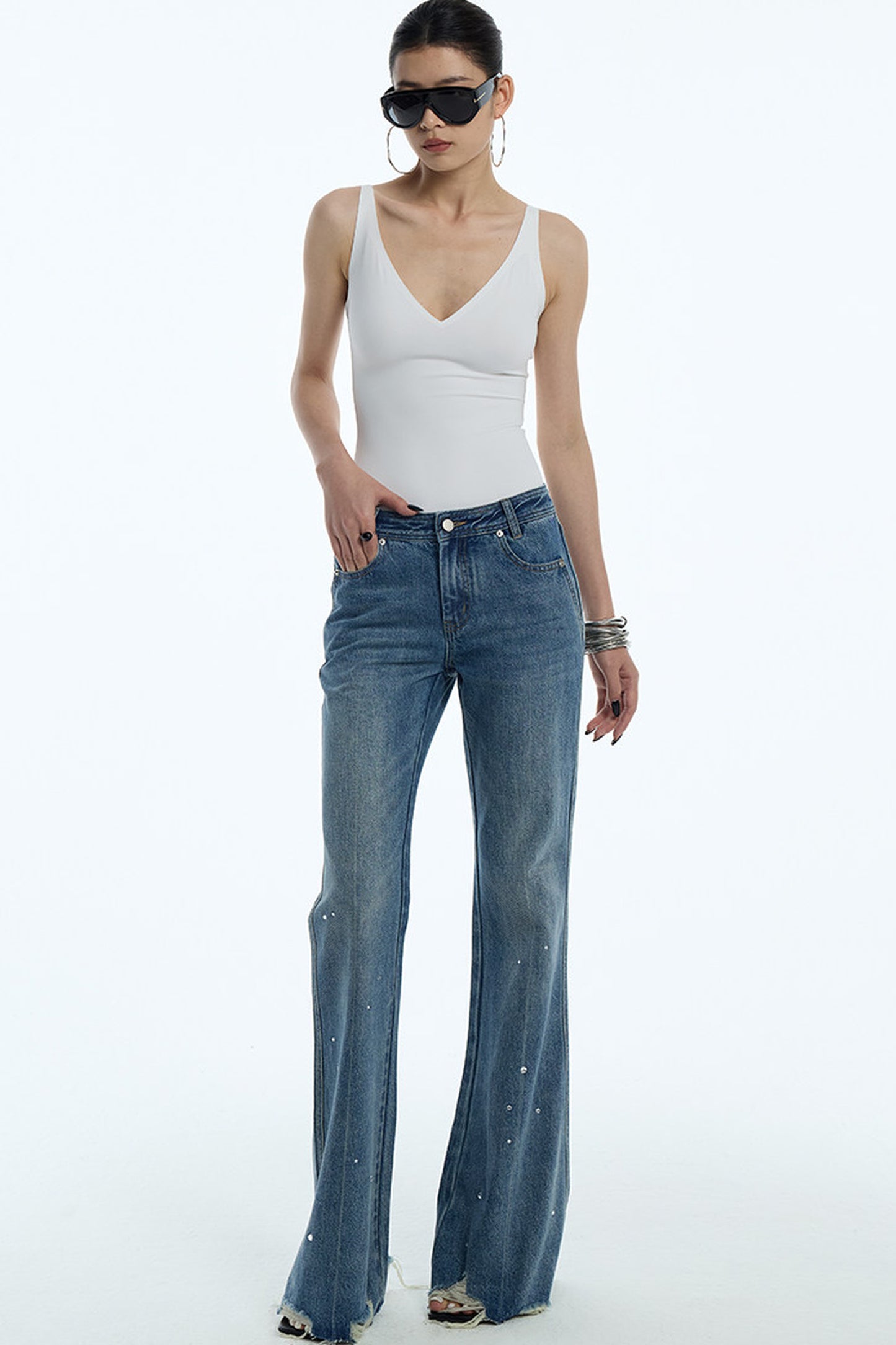 Frayed Hem Washed Blue Rhinestone Micro-Flared Jeans