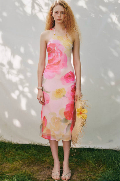 Watercolor Floral Halter Maxi Dress