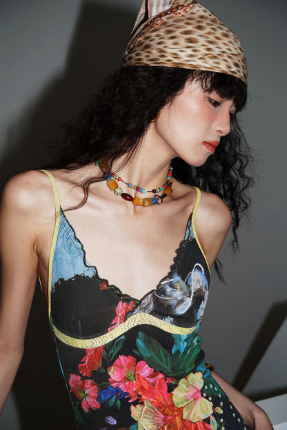 Chinese Print Lace Slip Dress