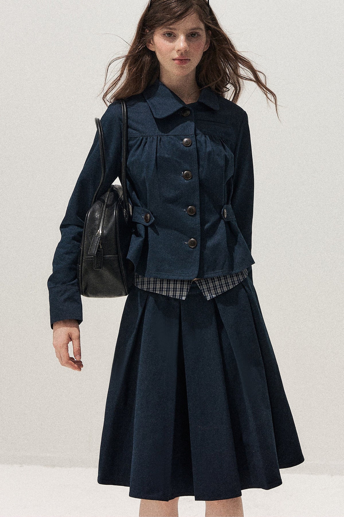 Navy Denim Jacket and Pleated Skirt Set-Up