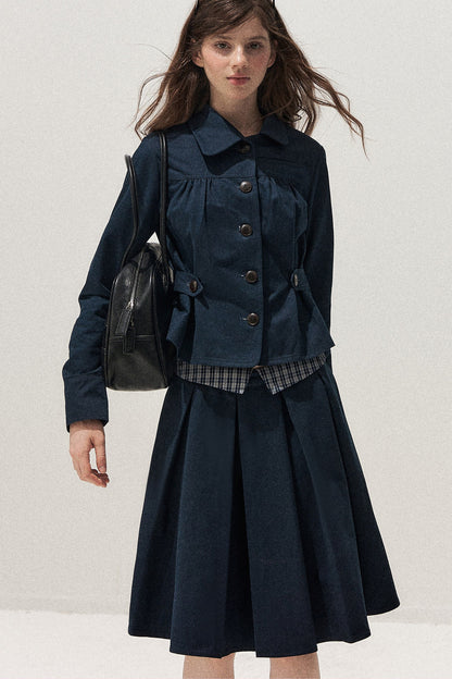Navy Denim Jacket and Pleated Skirt Set-Up