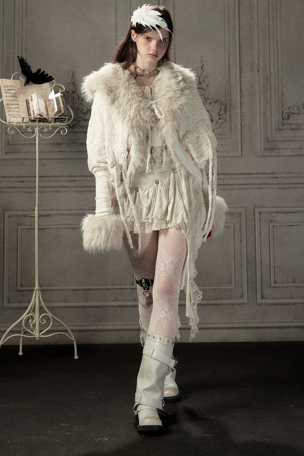 Beige Fur Collar Batwing Knit Jacket
