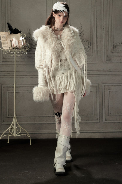 Beige Fur Collar Batwing Knit Jacket