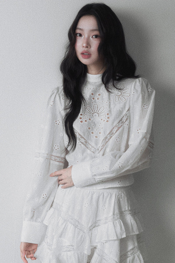 Pure Cotton Cut Out Shirt and Multi-Layered Asymmetrical Ruffle Skirt